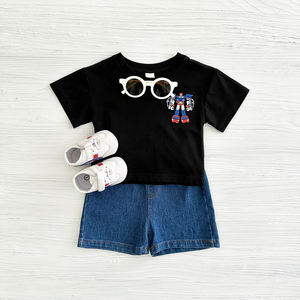 Set Pakaian Bayi Laki-laki Atasan Lengan Pendek Bordir Robot Kartun Kasual + Set Celana Pendek Denim Musim Panas 1-3 Tahun - Product Image 5