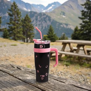 Nouvelle Tasse <span class=keywords><strong>Thermos</strong></span> <span class=keywords><strong>Isotherme</strong></span> en Acier Inoxydable Noir et Rose, Grande Tasse à <span class=keywords><strong>Café</strong></span> avec Paille, <span class=keywords><strong>Mug</strong></span> <span class=keywords><strong>Isotherme</strong></span> 40oz avec Poignée pour Voiture et Voyage - Product Image 6