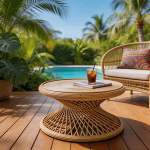 Handwoven Round Coffee <b>Table</b> Boho Hourglass Base Living Room Home Furniture - Product Image 5