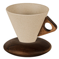 Ensemble tasse et soucoupe à cappuccino en grès de 250 ml, forme en entonnoir, réutilisable, personnalisable, mug à expresso, thé au lait avec base en bois