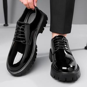 Chaussures Oxford en cuir verni pour hommes, bout rond, à lacets, semelle en caoutchouc, style robuste, respirantes, pour l'automne, décontractées - Product Image 4