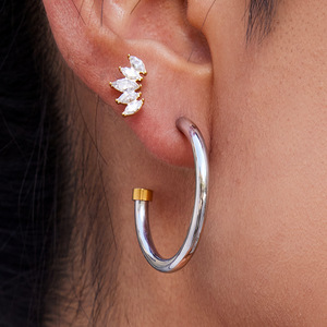 <b>Huggie</b> Earrings 18K Gold Stainless Steel C Shape <b>Silver</b> Gold Color Blocking Minimalist Design - Product Image 2