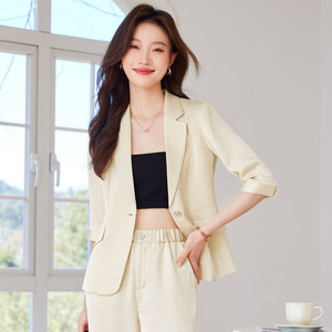 Women's Mid Sleeve Suit Set Summer Thin Style Formal Workwear Breathable Satin Blazer Pants Two Piece Set - Product Image 2