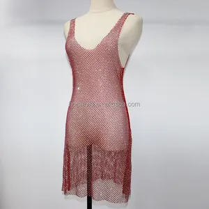 HM025 Vestido transparente com strass, mini malha para banho, biquíni casual de malha brilhante, roupa de praia para festa