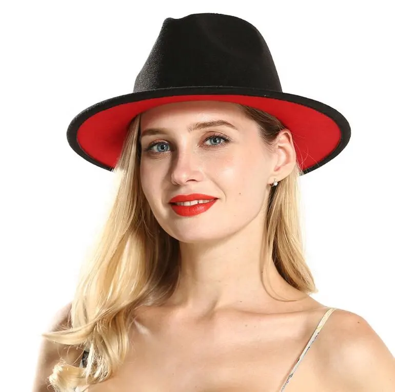 Red And Black Color Matching Women Felt Fedora Hats Wide Brim Jazz hat For Men