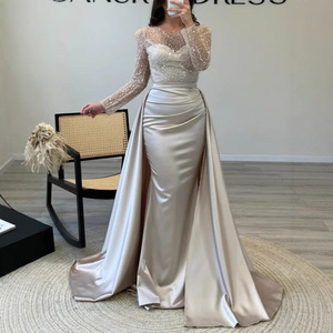 Rose Gold <b>Sequined</b> Long Sleeve Evening Gown Empire Waist Sweetheart Neckline Satin Fishtail Dress For Formal Events - Product Image 3