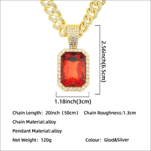 Gold Color Hip Hop Cuban Link <b>Necklace</b> with Square Red <b>Ruby</b> Crystal Pendant | Iced Out Trendy Rapper Style Jewelry for Men - Product Image 5