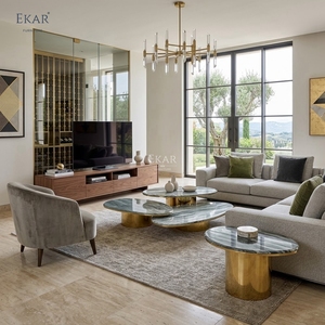 Set di Tavolini da Caffè in Pietra di Lusso Moderno, Design Italiano, Tavoli Centrale Impilabili con Base in Metallo Dorato per <span class=keywords><strong>Soggiorno</strong></span> di Villa - Product Image 3