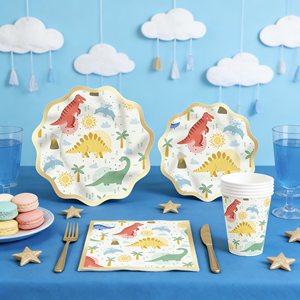 DAMAI Animal Kids Happy Birthday Party Supplies Dinosaur Pattern Petal Shape <b>Disposable</b> <b>Tableware</b> Paper Napkins Cups Plates - Product Image 3