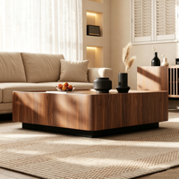 Table basse en noyer de style moderne du milieu du siècle, structure en bois, base en métal, design minimaliste, table de salon carrée, fonctionnelle