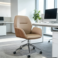 Chaise de bureau exécutive moderne en bois courbé avec revêtement en cuir PU, hauteur réglable, base en métal pivotante - Chaise de bureau pour la maison et la salle à manger