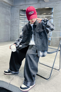 Ensemble de vêtements d'automne pour garçon adolescent, chemise en jean à carreaux, chemise à imprimé patchwork + jean, ensemble cargo 2 pièces - Product Image 5