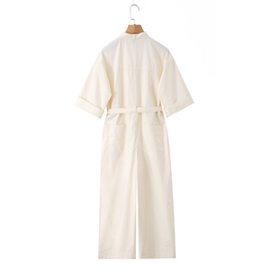 <span class=keywords><strong>Tuta</strong></span> Intera Casual da Donna con Colletto a Fiocco, Maniche Corte, Colore <span class=keywords><strong>Beige</strong></span> e Cintura - Product Image 2