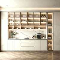 Buffet de bar à café en bois de luxe léger, armoire de rangement personnalisée étanche avec éclairage LED et étagères ouvertes en verre
