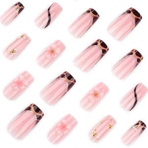 <span class=keywords><strong>Uñas</strong></span> Postizas Largas Cuadradas con Diseño de Flores 3D <span class=keywords><strong>y</strong></span> Estampado de Leopardo, con Perla, para Uso Diario - Product Image 4