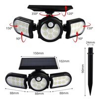 Lampe murale solaire transfrontalière à trois têtes réglables et à intensité variable, avec détecteur de mouvement, étanche IP44, source lumineuse COB, pour jardin (AAA)