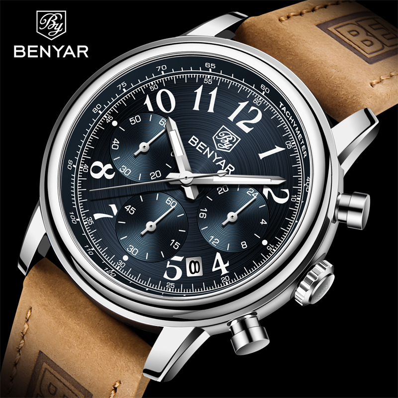 New BENYAR Top Brand Leather Men Quartz Wristwatches Waterproof Chronograph Men Sports Watch for Men Reloj hombre