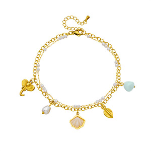 Fashionable Double Layer Anklet With <b>Shell</b> Pearl Elephant Leaf Pendant Stainless Steel Women's Foot <b>Ornament</b> - Product Image 5