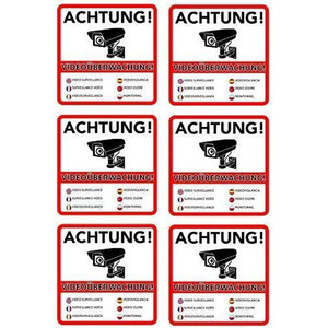 Panneaux d'avertissement vidéo 9,8 cm en PVC rouge et blanc, 6 pièces, étiquettes de surveillance extérieures - Product Image 1