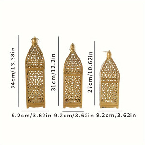 Ramadan Eid <strong>Moroccan</strong> Wrought Iron <strong>Lantern</strong> Vintage Metal Candle Holder with LED Lights for Home Islamic Holiday Table Centerpiece - Product Image 2