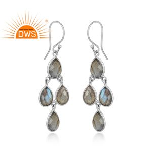 Boucles d'oreilles pendantes en argent sterling style indien, serties de labradorite multicolore en forme de poire, fournisseur de bijoux - Product Image 2