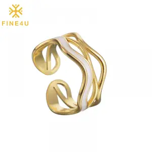 Trendy Fashion Waterproof Jewelry Open Adjustable Wave Shape Pvd Gold Plated Stainless Steel Enamel Rings