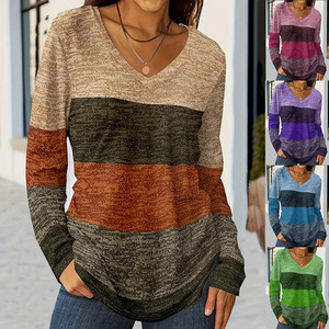 เสื้อยืดแฟชั่นลำลองผู้หญิง คอวี แขนยาว คุณภาพสูง ดีไซน์สีตัดต่อ - Product Image 1