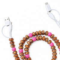 Câble de charge multi-prise USB Type C 4 en 1 avec perles imprimées léopard, perles roses, transfert de données