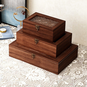 Caja de Almacenamiento de Joyas de Madera con Tapa de Vidrio, Diseño Moderno y Simple para Organizador de Escritorio, Patrón de Nogal, Tapa Abatible, Capacidad de 1-3L - Product Image 1