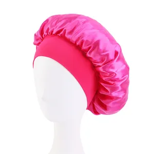 Bonnets de satén para el cuidado del cabello para mujer, gorro elástico para dormir de colores sólidos, bajo nivel de pedido, banda ancha, rizado