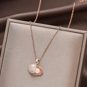 18k Gold Plated Shell Pearl Pendant Necklace Rose Gold Diamond Clavicle Chain Women Necklace