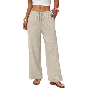 FOXA Mid Waist Wide Leg Pants Women Flowy Palazzo Drawstring Breathable <b>Elastic</b> Waist with Pockets Summer Beach Vacation Clothes - Product Image 1