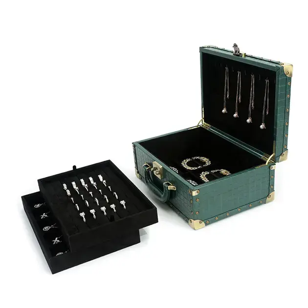 VANLOCY 3 Layers Jewelry Display Box Green Imitation Crocodile Leather PU Jewelry Storage Box with Lock Jewelry Storage Box