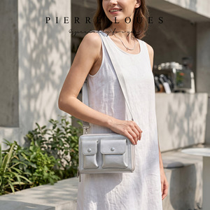 Pierre Loues Women's Crossbody Bag Small <b>Square</b> Multi <b>Pocket</b> Soft Leather <b>White</b> Silver Summer 2026 - Product Image 1