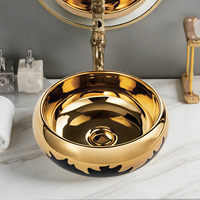 Lavabo de salle de bain moderne en céramique noir et or, fait main, décoratif, avec motif doré, à poser sur comptoir