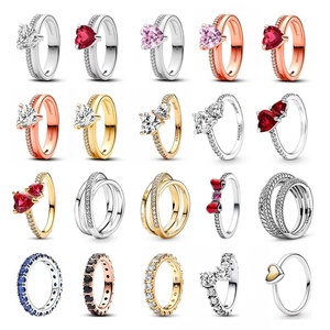 Anillos de Pareja Unisex <span class=keywords><strong>Pando</strong></span>, Chapados en Cobre Blanco, con Incrustaciones de Circonio en Forma de Corazón y Mariposa - Product Image 1