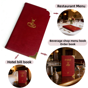Cubierta <span class=keywords><strong>de</strong></span> <span class=keywords><strong>Menú</strong></span> Personalizable con Logotipo, <span class=keywords><strong>de</strong></span> Cuero PU Rojo Vino <span class=keywords><strong>de</strong></span> Lujo, con Borde Dorado, para <span class=keywords><strong>Cafetería</strong></span>, Hotel, Restaurante, Carpeta para Facturas, Portamenús - Product Image 4