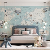 Papier peint mural auto-adhésif imperméable, motif dessin animé aquarelle fantaisie, ballon à moteur et carte du monde, pour la décoration murale de chambre d'enfant