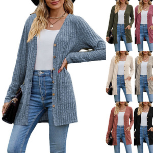 Chaqueta Cárdigan sin Cuello de Manga Larga, Color Sólido, Acanalado, Estilo Coreano, para Mujer, Otoño - Product Image 1