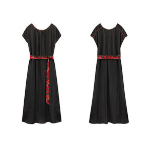 Women's <b>Summer</b> Eco-Friendly Floral Digital Printing Silk <b>Knee</b>-<b>Length</b> Belted <b>Dress</b> Retro Short Sleeve - Product Image 1