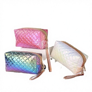 Sac de maquillage portable en PU, tendance, avec fermeture éclair, laser lumineux, holographique, géométrique, à paillettes dorées, vente en gros - Product Image 2