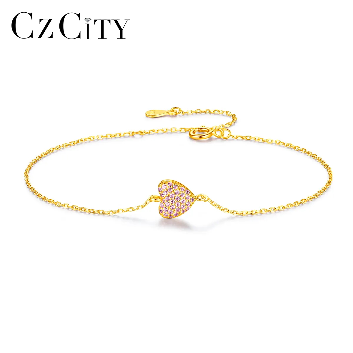 Czcity pulseira de luxo, pulseira banhada a ouro rosa, zircônio cúbico, formato de coração