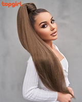 Nouvelle arrivée longue ligne droite marron bande élastique queue de cheval haute température fibre synthétique postiche queue de cheval Extensions de cheveux