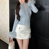 Cardigan en maille mélangée pour femme avec bordure en vraie fourrure de renard, style mode, coupe ajustée, pour printemps, automne et hiver, haut sexy en fourrure pelucheuse, manteau court Y2K