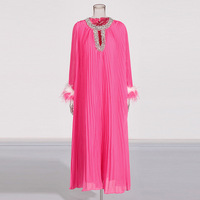 Robes à ourlet plissé en mousseline de soie à manches longues pour femmes paillettes perlées dorées décontracté grande taille avec taille et ceinture naturelles