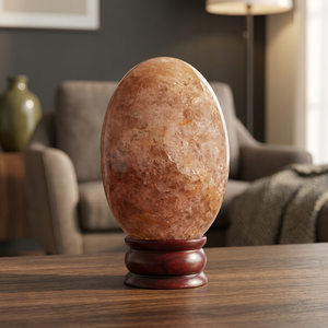 Venta al por mayor de piedra lunar de melocotón natural Shiva Lingam con soporte de oro, adorno de piedra ovalada, decoración para el hogar, coleccionable - Product Image 3