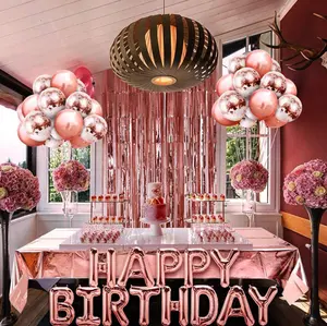 Rose Gold Birthday Party Decoration Birthday Banner Balloons Fringe Curtain Foil Tablecloth Heart Star Foil Confetti Balloons