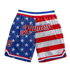 Individuelle royale rot-weiße Basketballshorts Sport OEM-Herstellung 3D-Muster-Design amerikanische Flagge authentische Basketballshorts