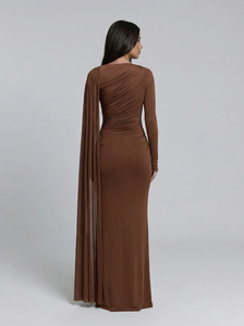 LEDUO ODM Elegant Luxury Ruched Long Sleeve Maxi Dress with Draped Cape Sleeve <b>Wedding</b> Party Abaya for Material - Product Image 2
