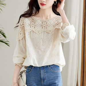Camisa de encaje calado color albaricoque para mujer, <span class=keywords><strong>manga</strong></span> larga, nuevo diseño primavera 2026, top elegante de algodón puro - Product Image 1